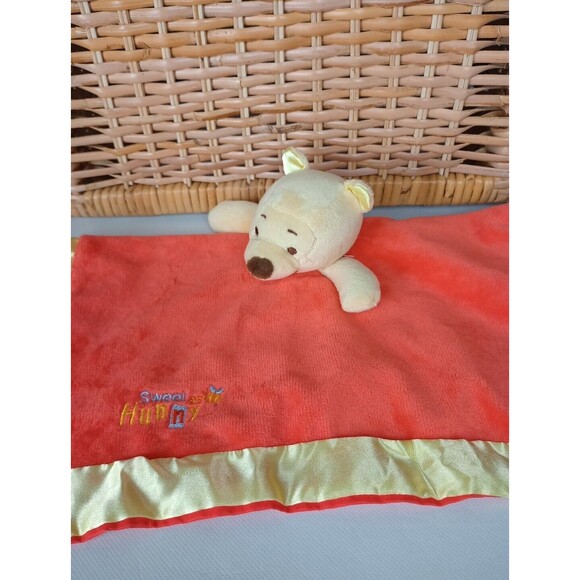 Disney Baby Winnie The Pooh Lovey Security Blanket Red Hunny Honey Satin Trim - Picture 1 of 9
